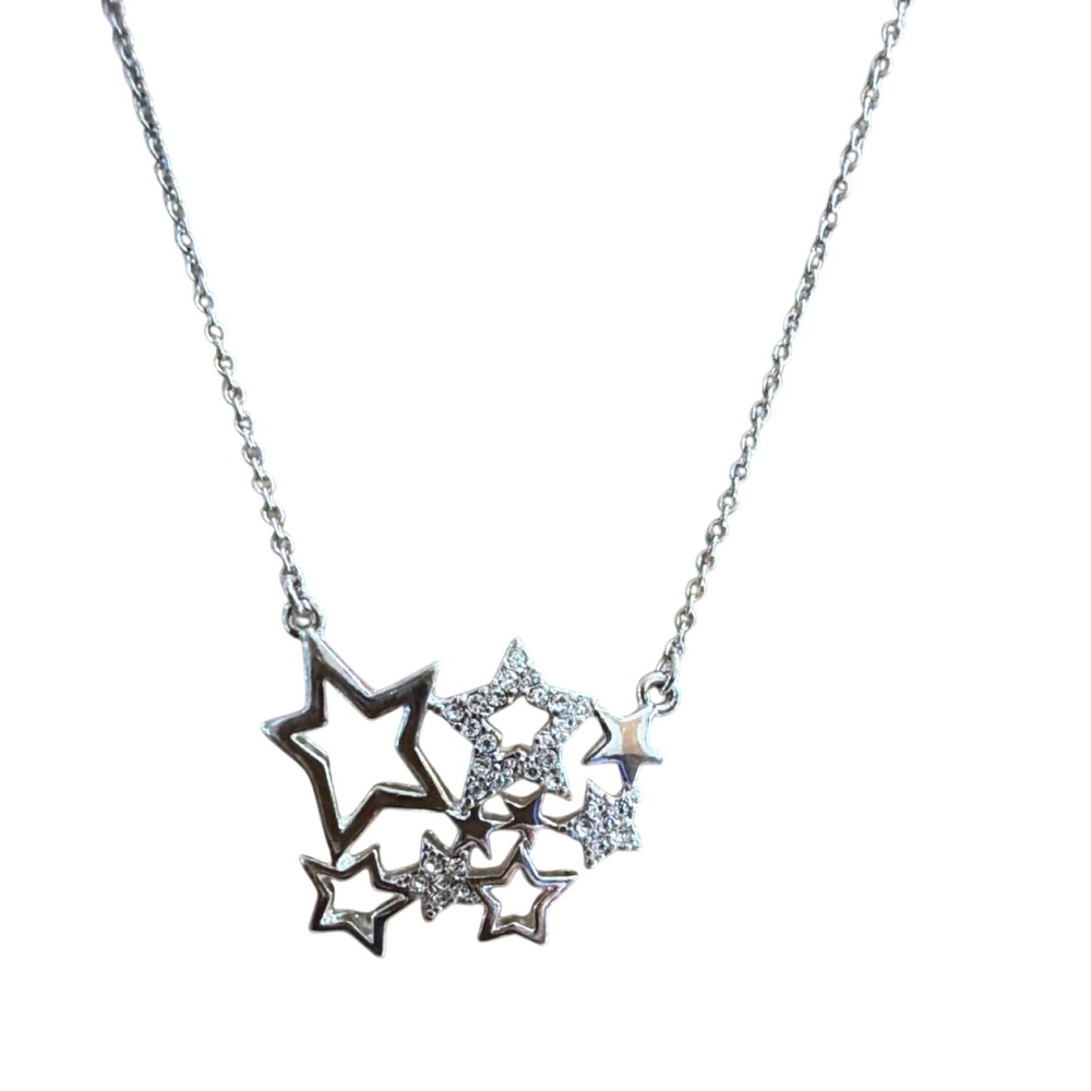 Silver Tone Multi Star Cluster Pendant Necklace Pavé Crystal Accents Layering